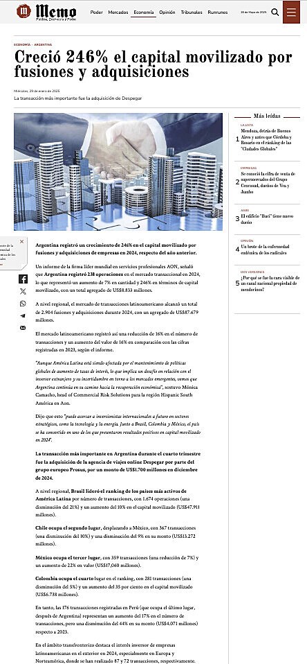 Creci 246% el capital movilizado por fusiones y adquisiciones